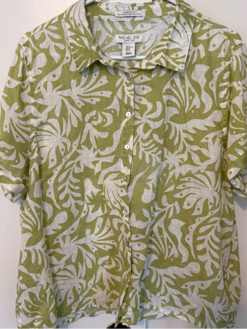 Rachel Zoe Lime Green and White Tropical Linen Button-Up
